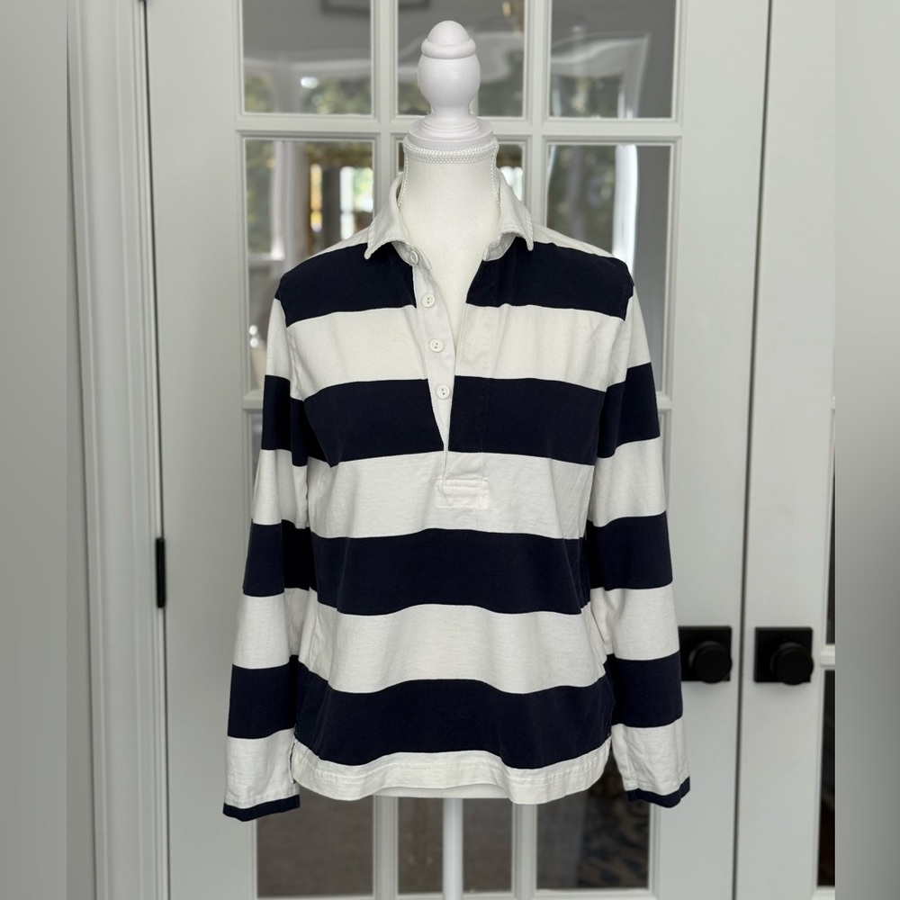 J. Crew Navy and White Striped Polo Top